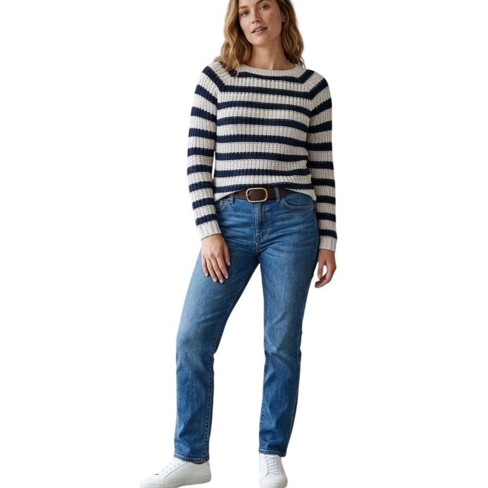 JESSICA SIMPSON Zippered Back Navy Blue & Oatmeal Striped Sweater SZ M